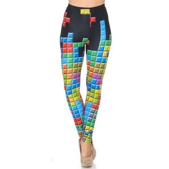 X-Plus Size Womens Creamy Soft Tetris Leggings. With Bold Colored Blocks - Picture 1 of 4